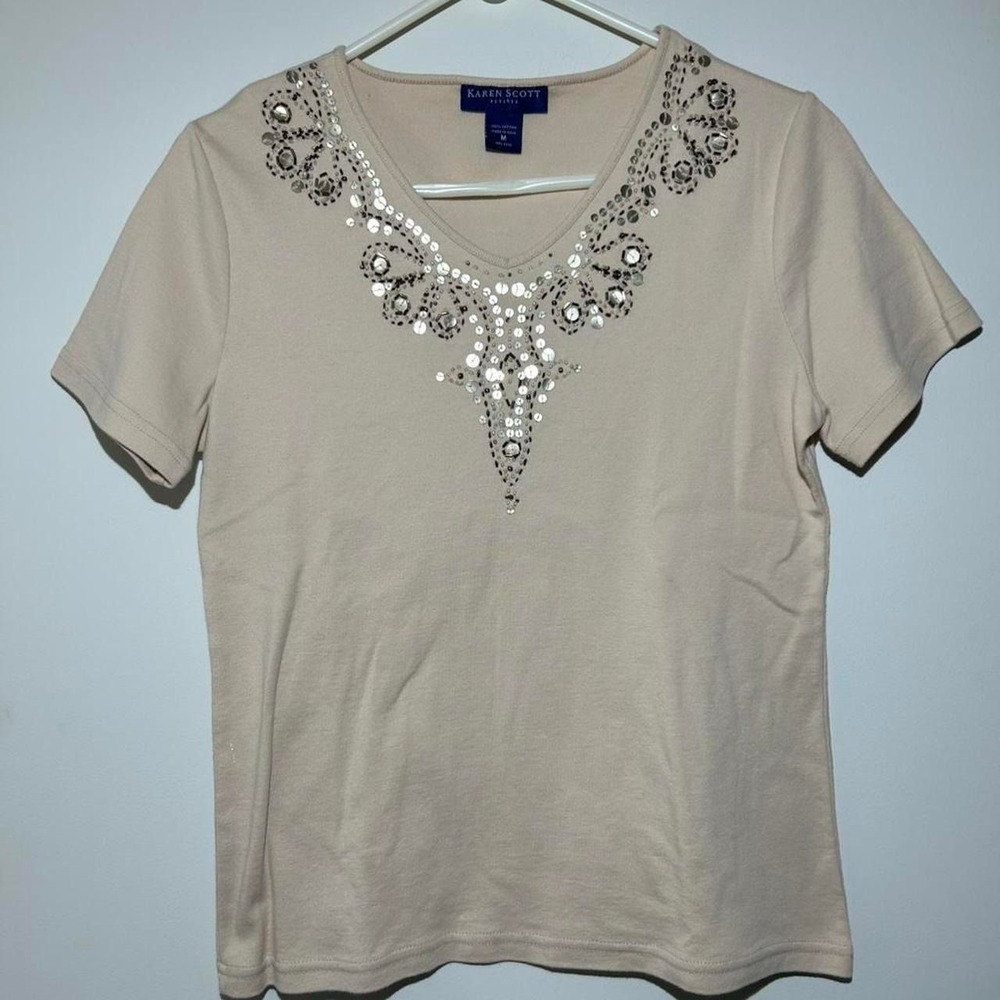 Karen Scott Petite Beige V-neck top Sequins Beads Womens PM